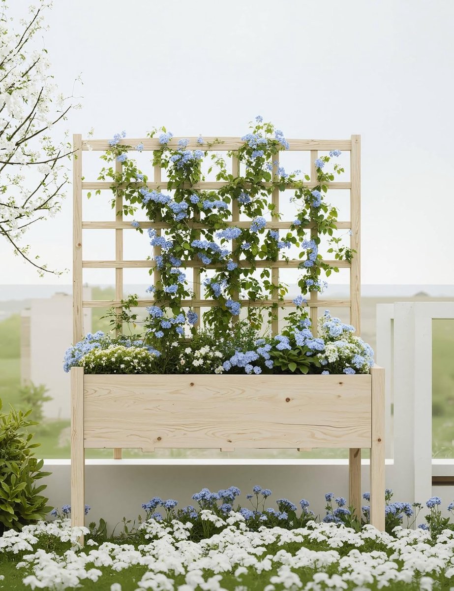 Houten Verhoogde Plantenbak met Klimrek - 118x59x165 cm - Moestuinbak op Poten met Trellis - Voor Groenten, Kruiden & Klimplanten - Natuurlijk Dennenhout