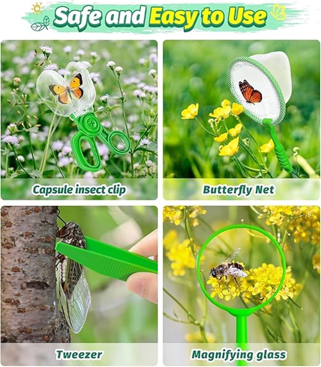 Namajunas - Insecten speelgoed - insectenpotje met vergrootglas - Buitenspeelgoed - Natuur Onderzoekerset - Insecten Explorer - Kinderspeelgoed 4 5 6 jaar - Cadeaus voor jongens en meisjes - Vlindernet, 12 nepinsecten, kinderloep, insectenvanger — cadeau in Spellen & Speelgoed - foto 3