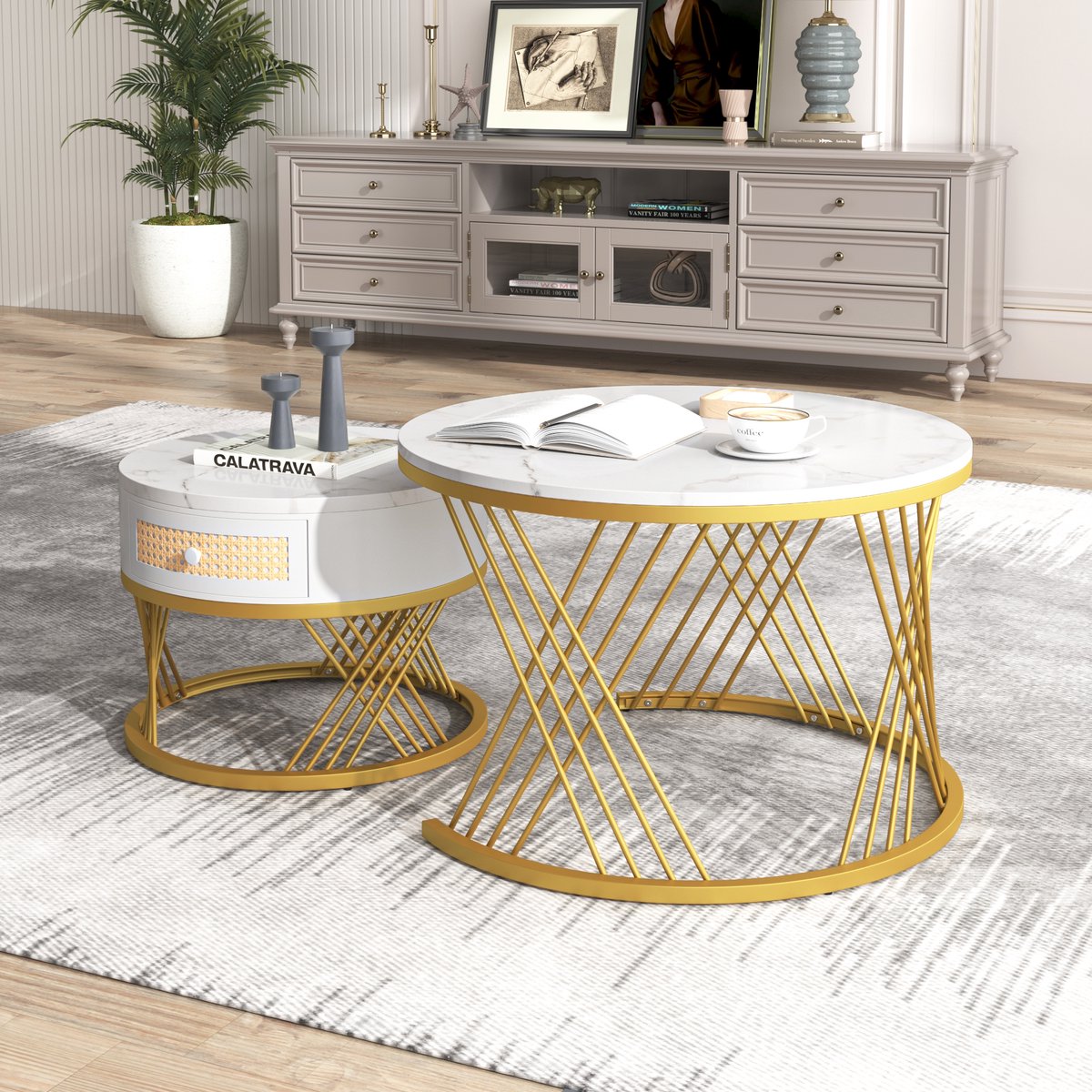 HAUSS SPOLE Salontafel - Ronde 2-in-1 Met Marmorpatroon En Rattan Laden - Gouden Metalen Poten Woonkamer, Studio - MDF - 70x70x45,5 & 50x50x38,5 Cm - Wit