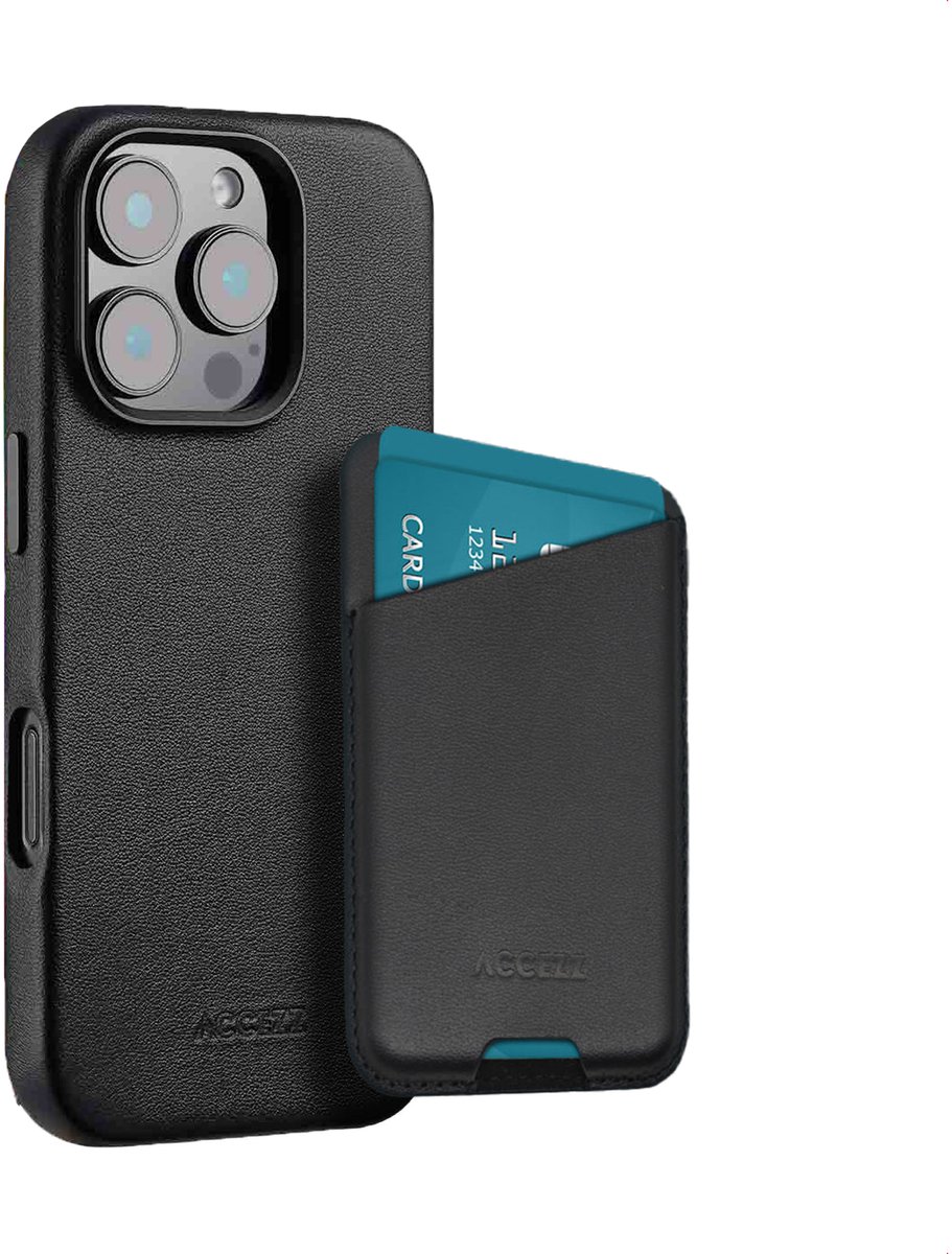 Accezz Echt Leren Hoesje inclusief Magnetische Leren Pashouder - Geschikt voor Apple iPhone 16 Pro - Black