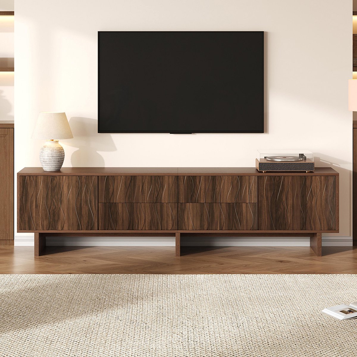 KOMHTOM TV-meubel 180*40*56 cm, 4 lades en 2 deuren, golvend motief, tv-meubel, laag meubel, woonkamermeubel, tv-meubel, geschikt voor tv's tot 75 inch, donker notenhout
