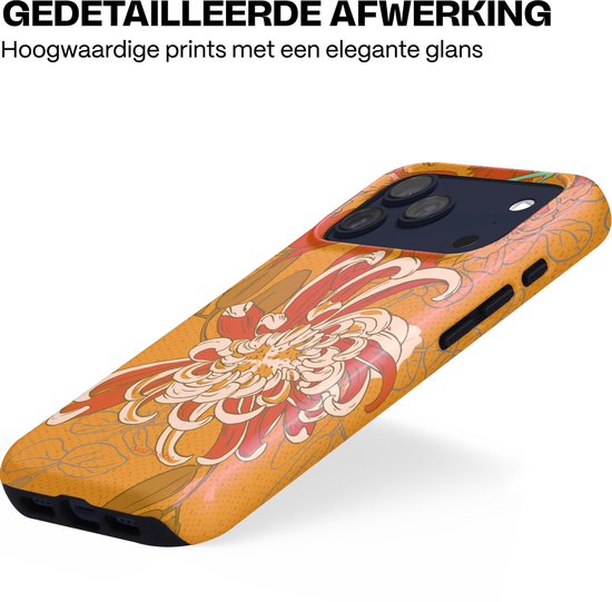 Telefoonhoesje met een oranje achtergrond en een rode en witte bloem met gedetailleerde bloemblaadjes. Hoge kwaliteit prints met een elegante glans.