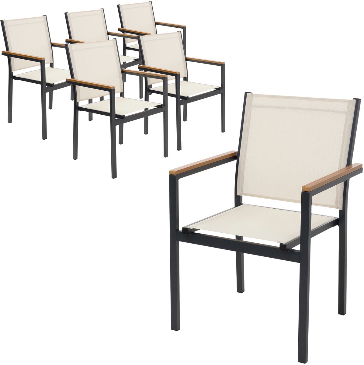 Set van 6 tuinstoelen met armleuningen beige van textilene, balkonstoel met metalen frame ML design