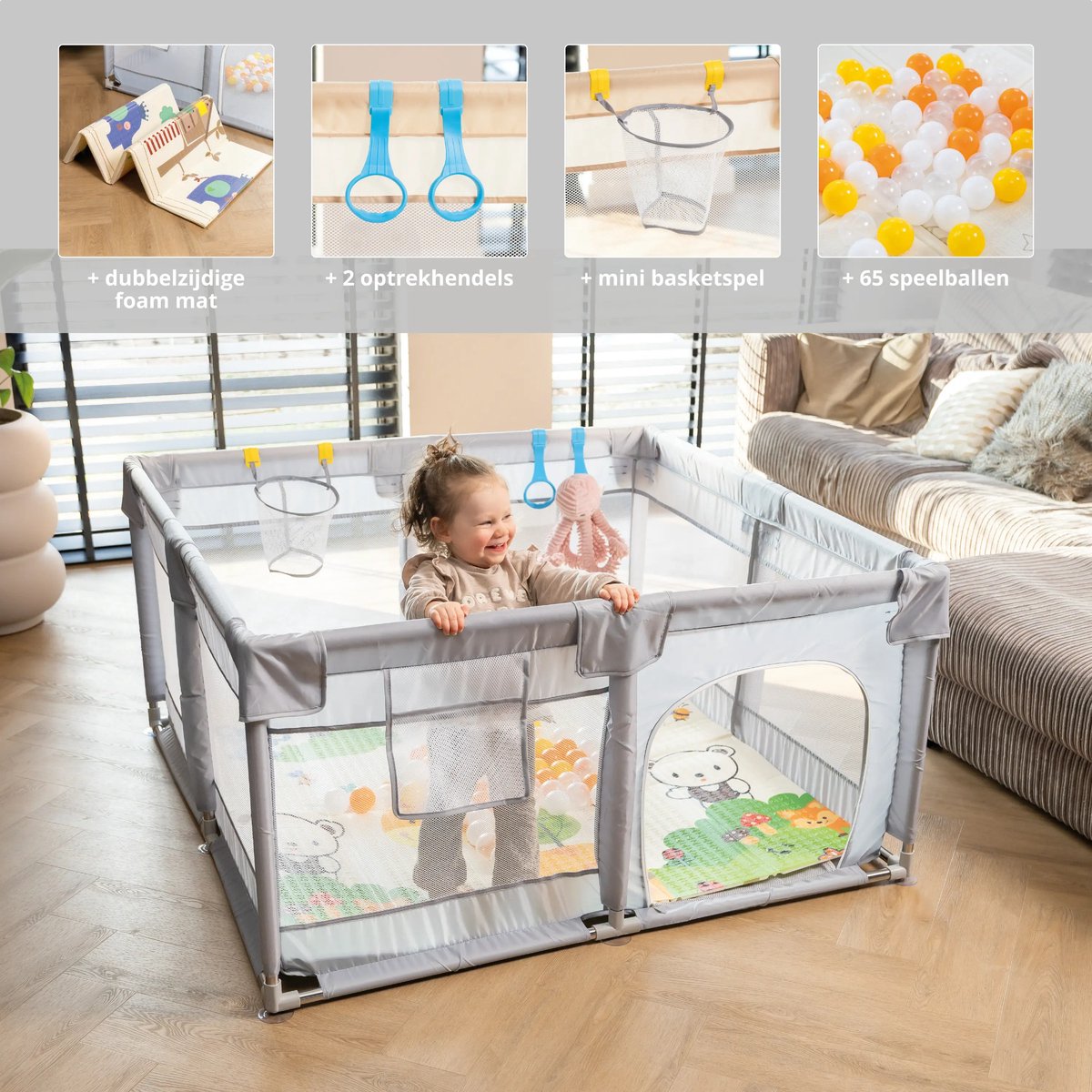 Baby Grondbox – Babybox – Speelbox – Kinderbox – Playpen – Kruipbox – Ballenbak - 128 x 128 x 65 cm – Dubbelzijdige Speelmat Foam – 65 Speelballen – 2 optrekhandvatten – Rits Opening