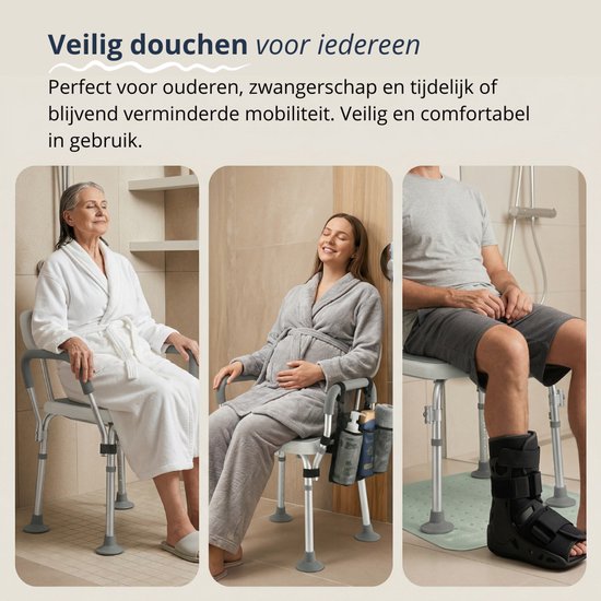 BY JRM® Inklapbare Douchestoel - Douchekruk - Incl. badset, douche puff, douchekophouder - Met Armleuning - Hoogte Verstelbaar - Antislip - Grijs