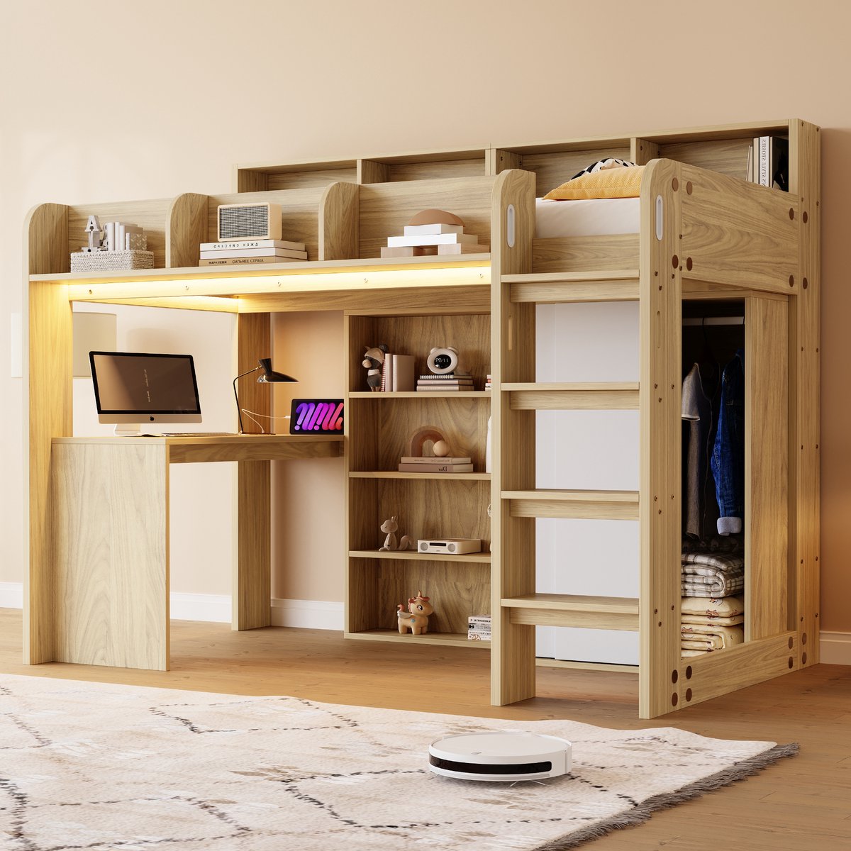 REDOM Hoogslaper – Met bureau & kledingkast – Opbergkasten & opbergvakken – LED-verlichting & stopcontact – MDF/spaanplaat/multiplex – Naturel hout – 90 x 200 cm