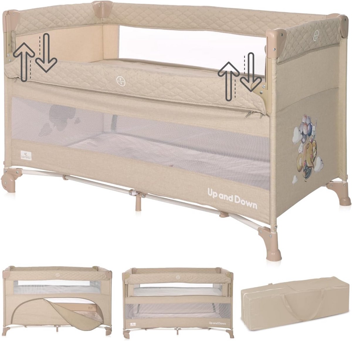Lorelli Up and Down 3-in-1 Kinderbed incl. Bodemverhoger Fog Beige Flying Friends