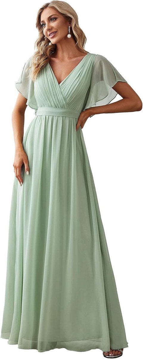 Lange chiffon damesjurk met V-hals en kanten lijfje