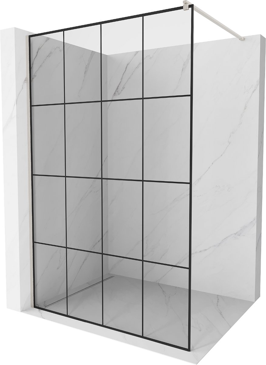Mexen Kioto douchewand Walk-in 150 x 200 , zwarte ruit 8 mm, geborsteld nikkel - 800-150-101-97-77