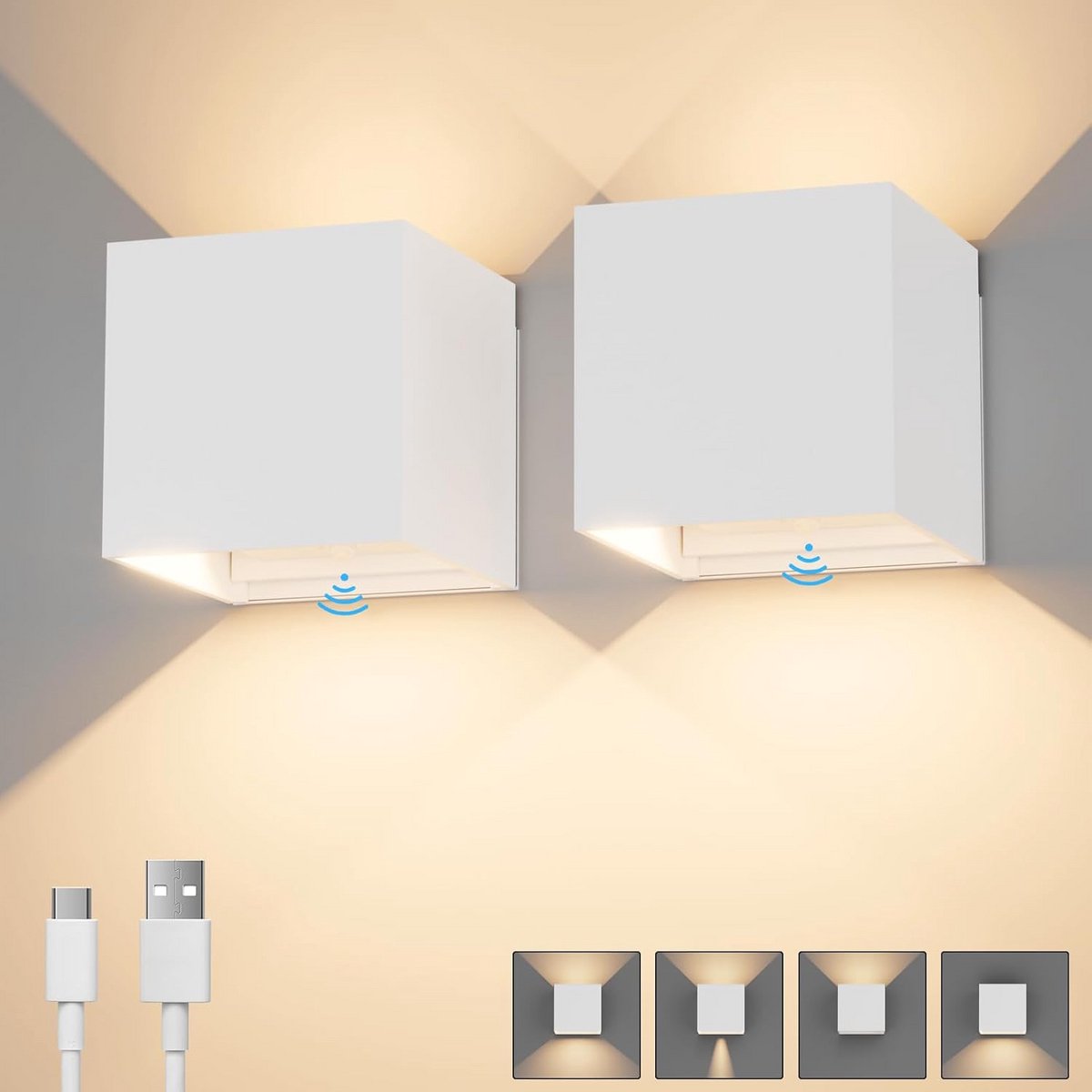 Oplaadbare LED Wandlamp met Bewegingsmelder (2 Stuks) - Instelbare Lichtstraal voor Binnen