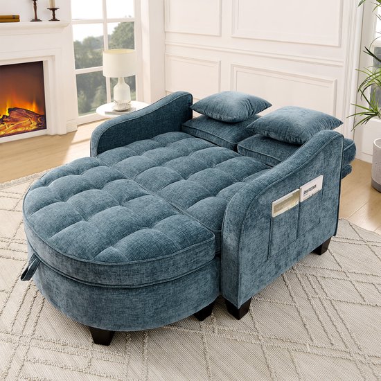 STILVORA Slaapbank 132 X 129 X 93 Cm - 2 In 1 Omvormbaar Met Opberghocker - Voor Kleine Woonkamer Slaapkamer - Eucalyptushout - Blauw
