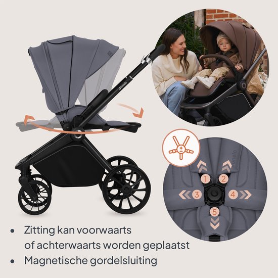 Grijze kinderwagen met verstelbare zitting en magnetische sluiting, met moeder en baby.