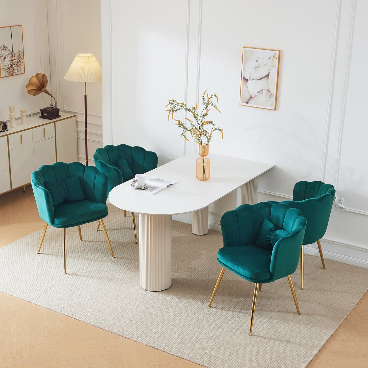 MIVRAY Eetkamerstoel Set Van 4 - Bloemblaadje Rugleuning Met Kussen - Ergonomisch Comfort - Voor Eetkamer En Woonkamer - Fluweel Groen