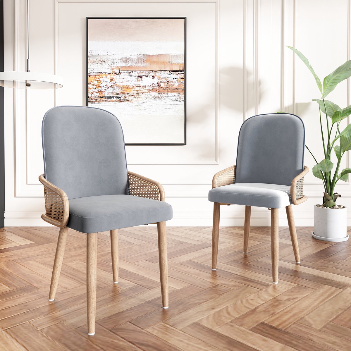 MIVRAY Eetkamerstoel Set Van 2 - Rattan Design Met Fluwelen Bekleding - Met Metalen Poten Houtlook - Voor Eetkamer Woonkamer - Grijs