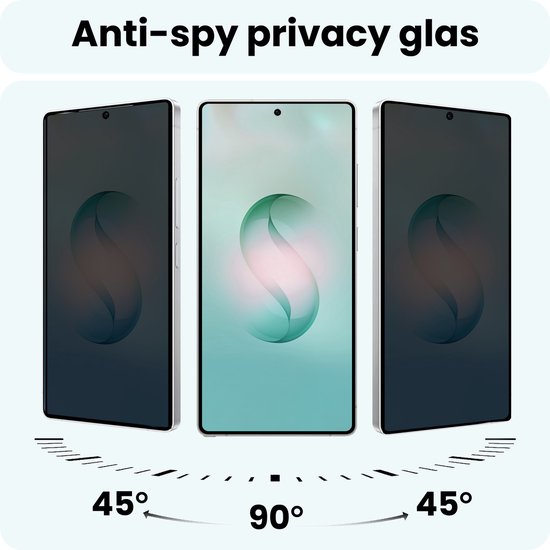 Anti-spy privacy glas voor smartphone, toont weergave op 45 en 90 graden.