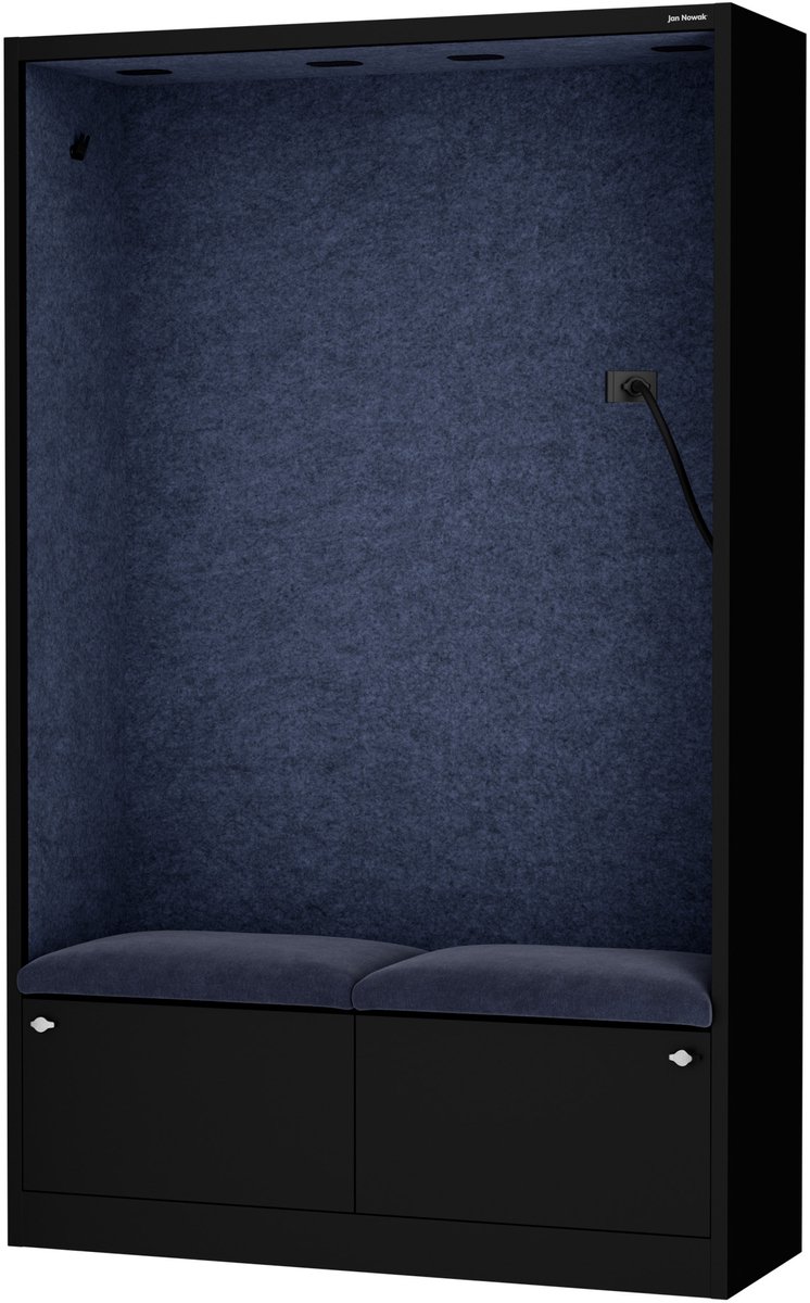 SALLY MentalBox - Geluidsabsorberende cabine voor 2 personen - met zitje - Kledinghanger + Ruime lade - Ingebouwde telefoonhouder + USB-C-poort - Navy Blue / Zwart