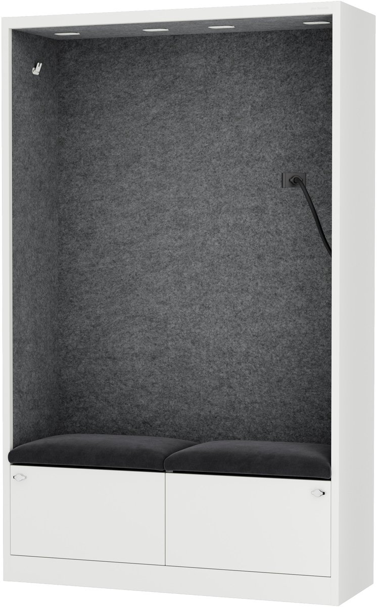SALLY MentalBox - Geluidsabsorberende cabine voor 2 personen - met zitje - Kledinghanger + Ruime lade - Ingebouwde telefoonhouder + USB-C-poort - Grafiet / Wit