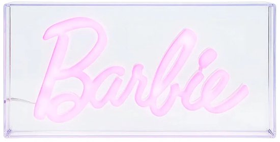 Lampe néon Barbie rose pâle dans un boîtier transparent. Le texte 'Barbie' est en écriture cursive.