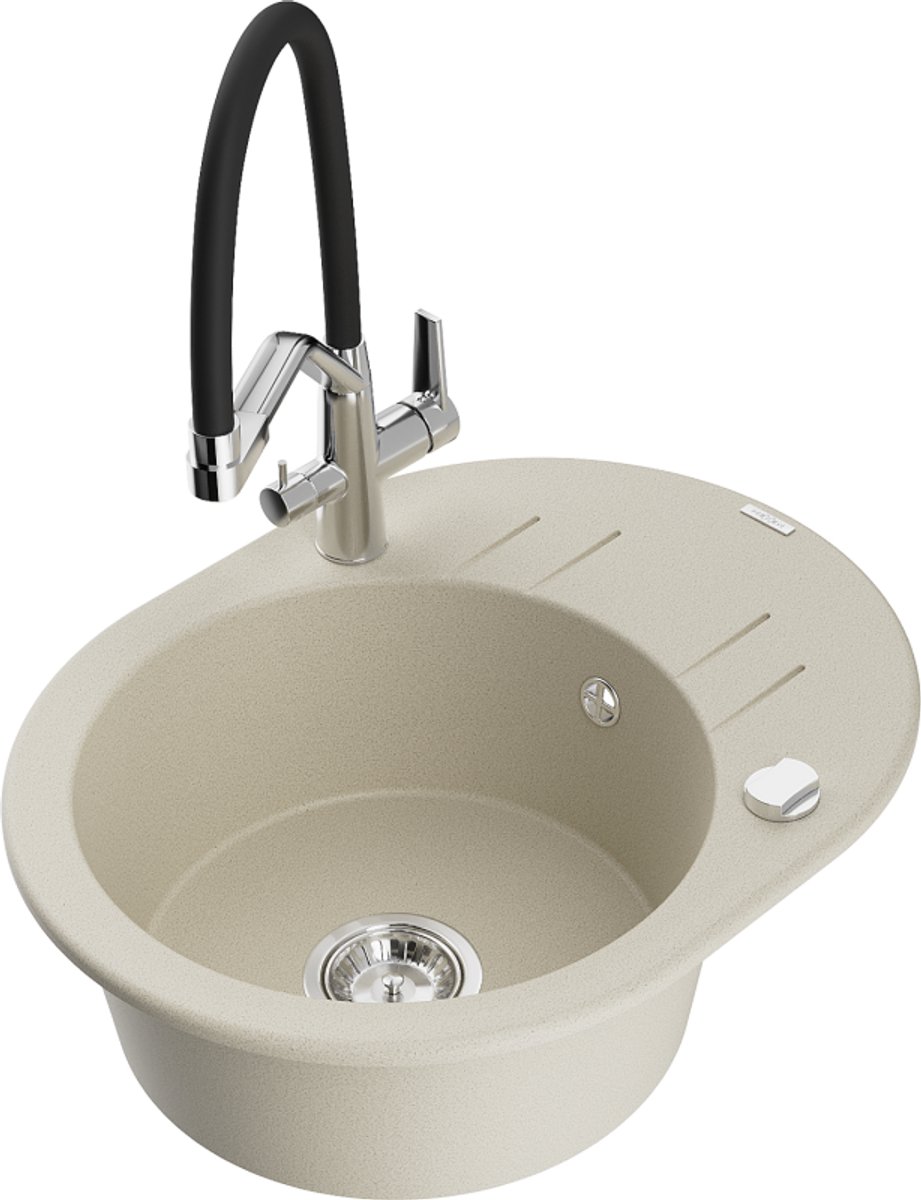Mexen Kevin granieten spoelbak 1-kompartment met keukenkraan Duo, beige - 6517-69-671701-0