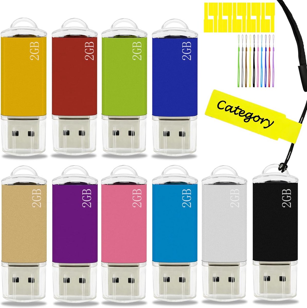 10x USB 2.0 Flash Drives 2GB - Metalen Geheugensticks met 10 Sleutelkoorden