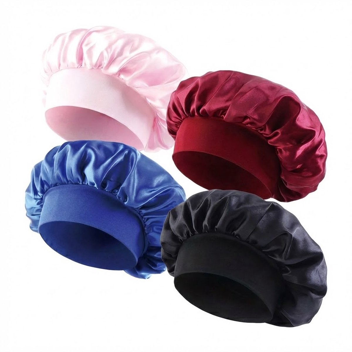 Set van 4 satijnen haar bonnets dames en heren – elastische slaapmutsen met brede band – satijnen haarmutsen tegen pluis en wrijving – antikroes slaap caps in roze, blauw, zwart en bordeaux