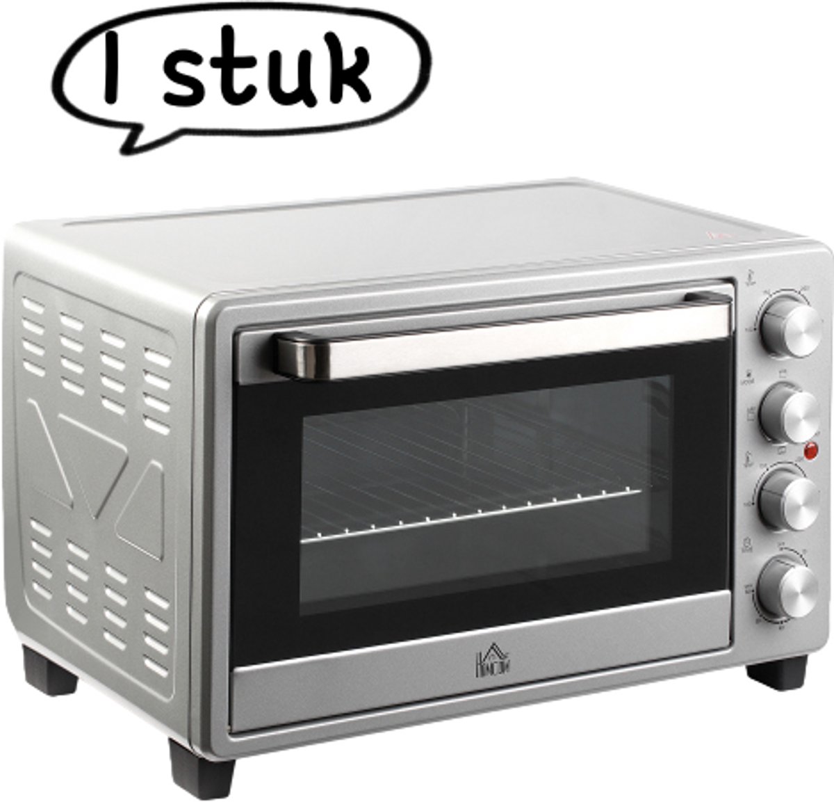 1 stuk - Mini-oven - 32 liter - 1600 W - Elektrische oven met slakkenbak - Roestvrij staal en glas - Zilver - 52,2 x 38,1 x 33,5 cm