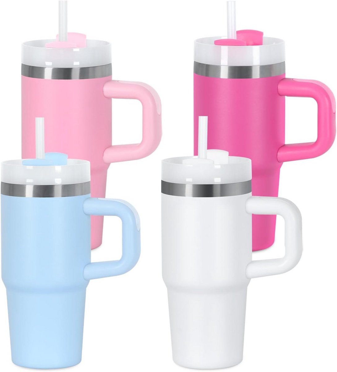 4x 400 ml Kinderbeker met Handvat en Rietje, Dubbelwandig Roestvrijstaal, Temperatuurbewarend