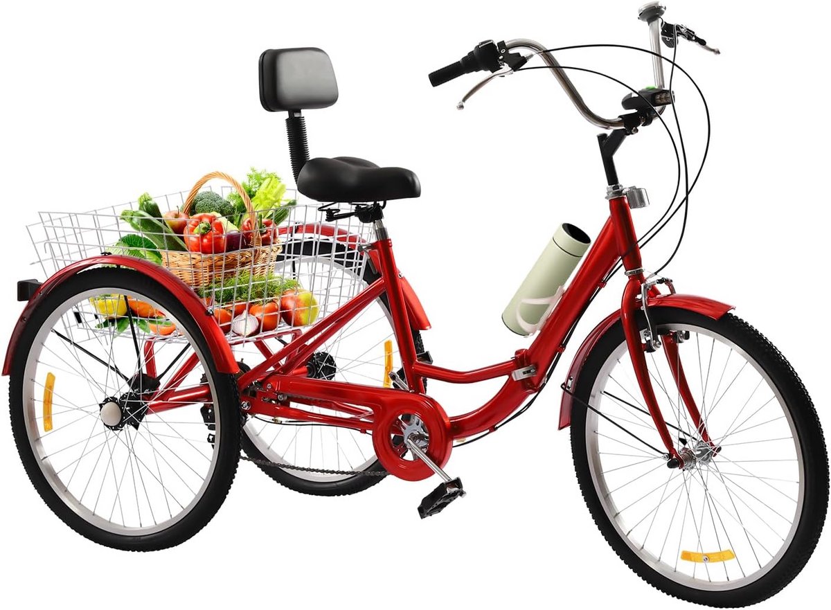 Opvouwbare Driewieler - Volwassen Tricycle Senioren Fiets - Stad Ritjes - 7 Versnellingen - 24 Inch Wielen - Rood