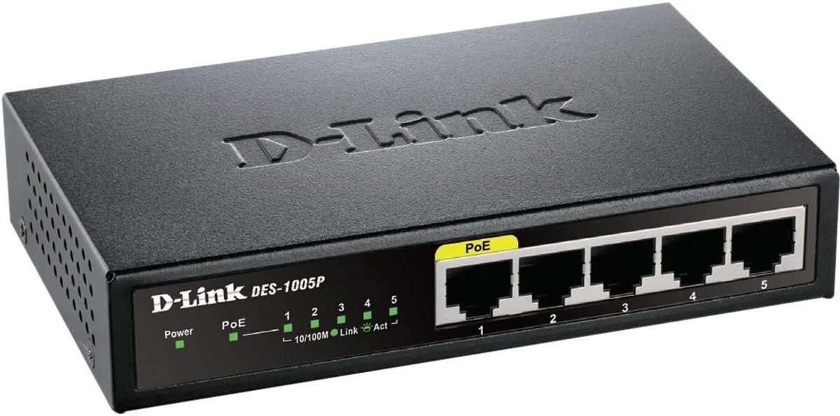 D-Link 5-poorts Fast Ethernet Switch met PoE - 10/100 Mbps voor thuis- en kantoorgebruik