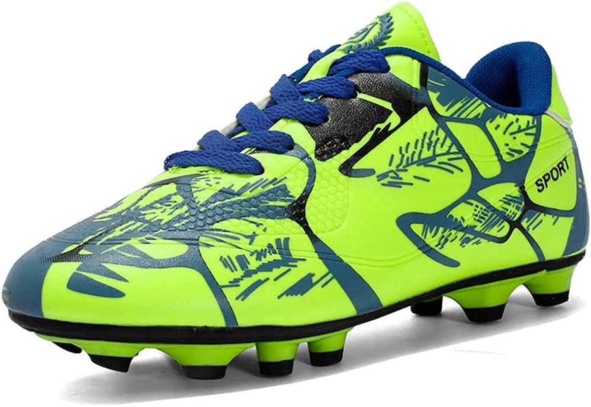 Felgekleurde uniseks voetbalschoenen voor kinderen, met een groen-blauw ontwerp en noppen voor FG/AG ondergronden.