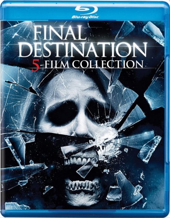 Blu-ray hoes voor de Final Destination 5-filmcollectie, met een gebroken glas effect en een angstaangezicht.