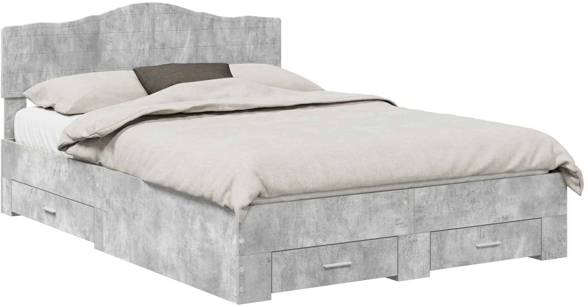 vidaXL - Bedframe - met - hoofdeinde - Beton - Grijs - 140 - x - 190 - cm - Bewerkt - hout