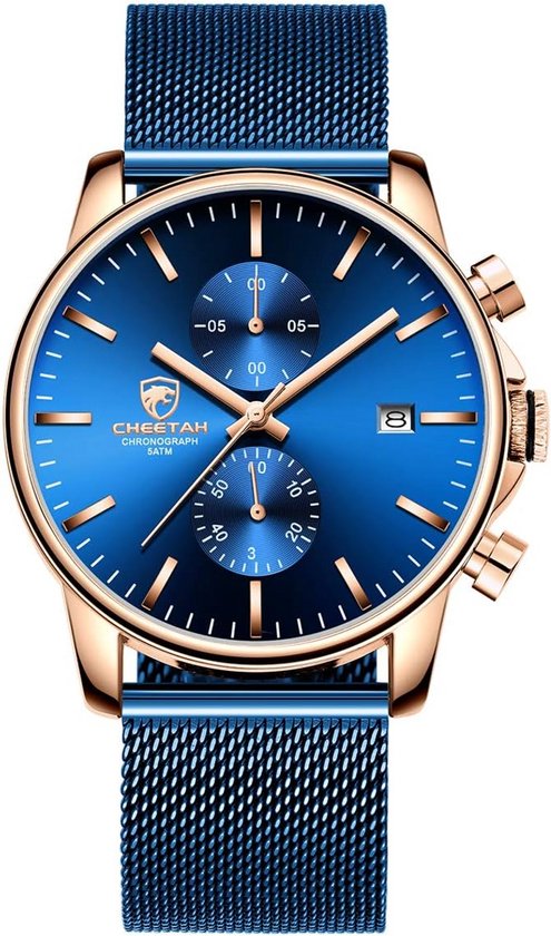 Slim Herenhorloge RVS Roségoud Blauwe Wijzerplaat Analoog Waterdicht