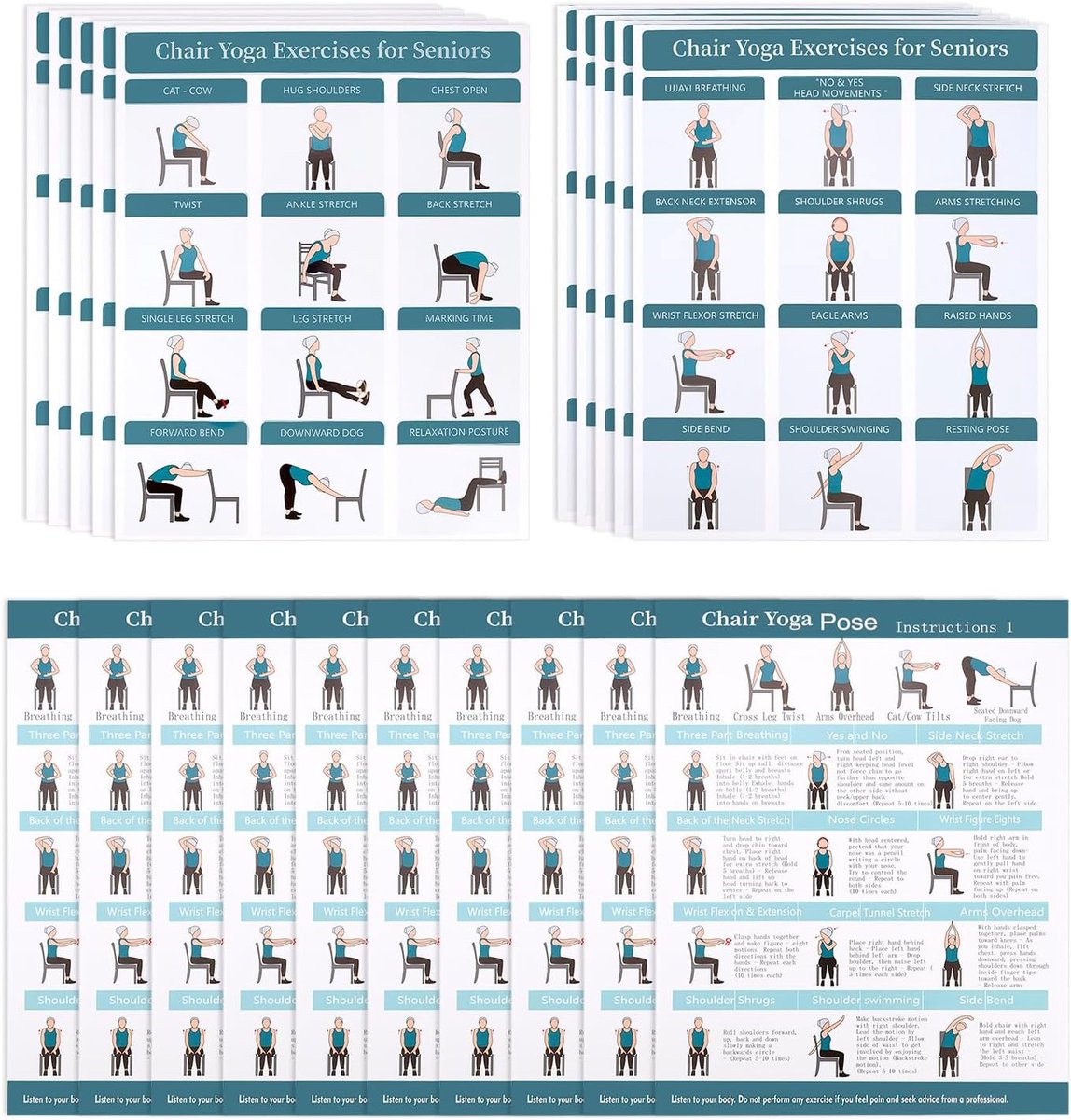 5 Piece Set Yoga Poster voor Senioren en Beginners - 3 Designs Fitness Stoel Workout Poster - 30 Dagen Rek- en Balansoefeningen - Flexibiliteit Training Wanddecoratie voor Thuis Yoga Kamer