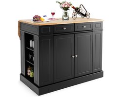 Keukeneiland met Uitbreidbaar Werkblad Keukenkast met Laden Zijplanken en 2 Niveaus Hout Kookeiland 120 x 91 x 92 cm Zwart