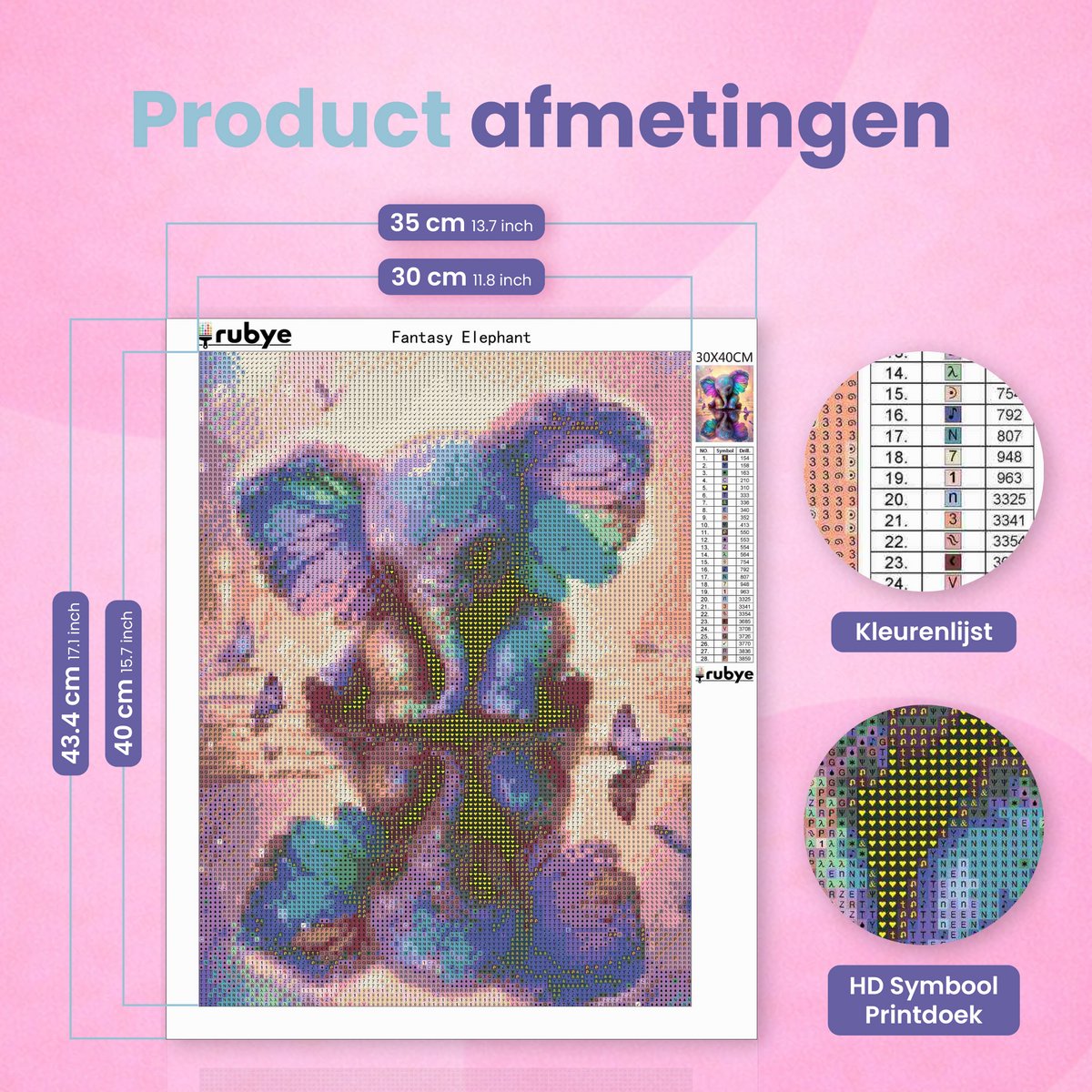 Rubye® Diamond Painting Volwassenen & Kinderen - Pakket Volledig - Olifant met Vlinders - 30x40cm — afbeelding 3