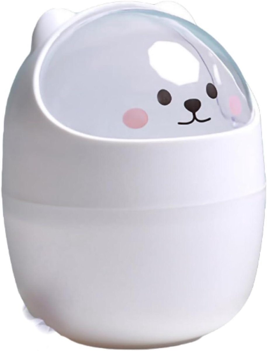 Schattige mini desktop prullenbak met deksel - dier vorm - plastic - kantoor en keuken - wit