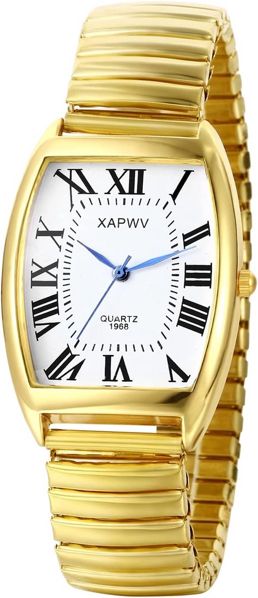 Herenhorloge Grote Wijzerplaat Romeinse Cijfers Elastische Band Luxe Goudkleurig