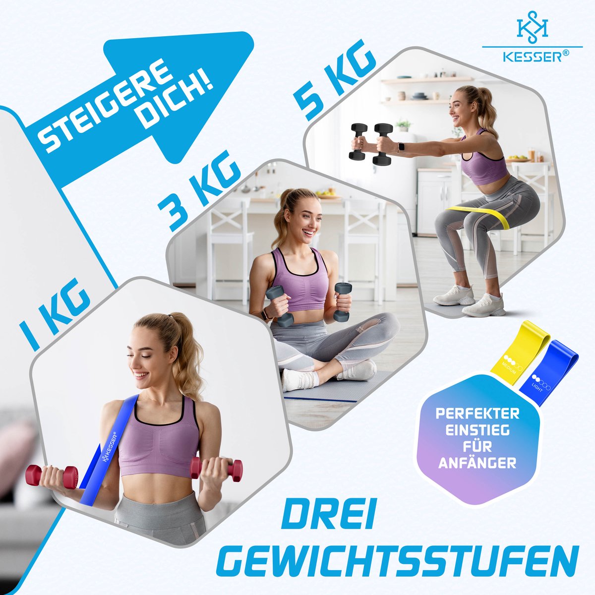 KESSER® Dumbells Set 3 Paren | Gewichten Set met Standaard | verstelbare Dumbell Geschikt voor Krachttraining | Halterset met oefeningenboekje, 2x fitnessbanden – foto 6