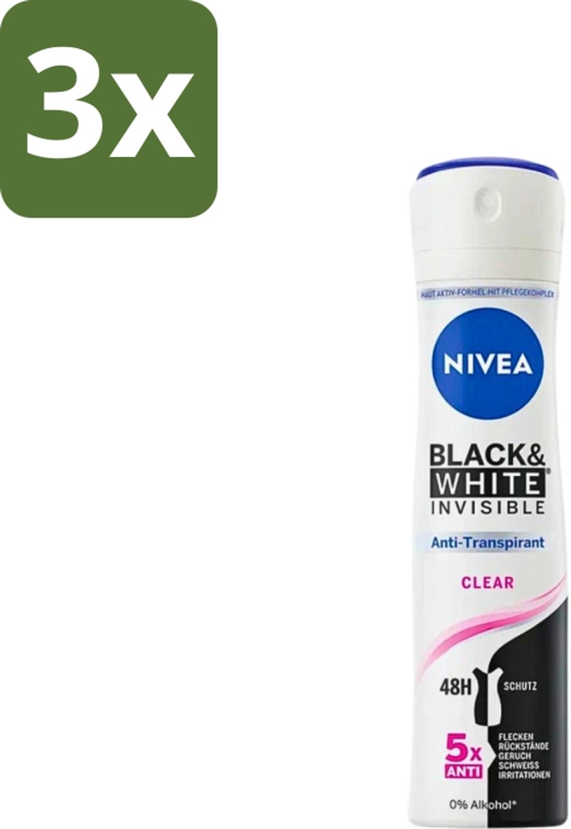 Nivea - Deodorant - Spray - Black & White Invisible Clear - Anti-Transpirant - 150 ml - Bulkverpakking - 3 stuks