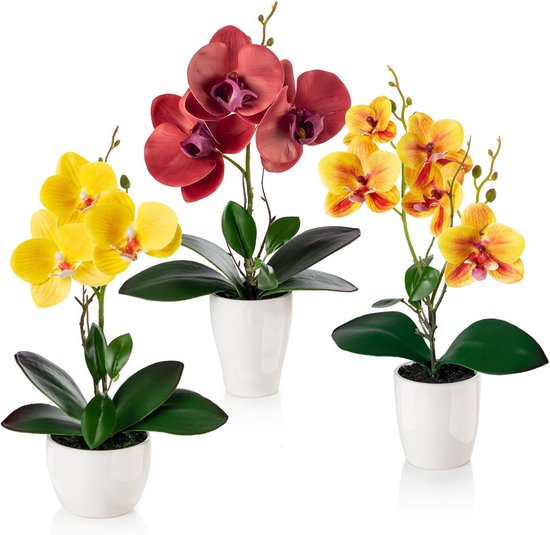 Set van 3 Kunstorchideeën in Keramische Potten (35 cm), Decoratieve Zijden Bloemen Arrangement