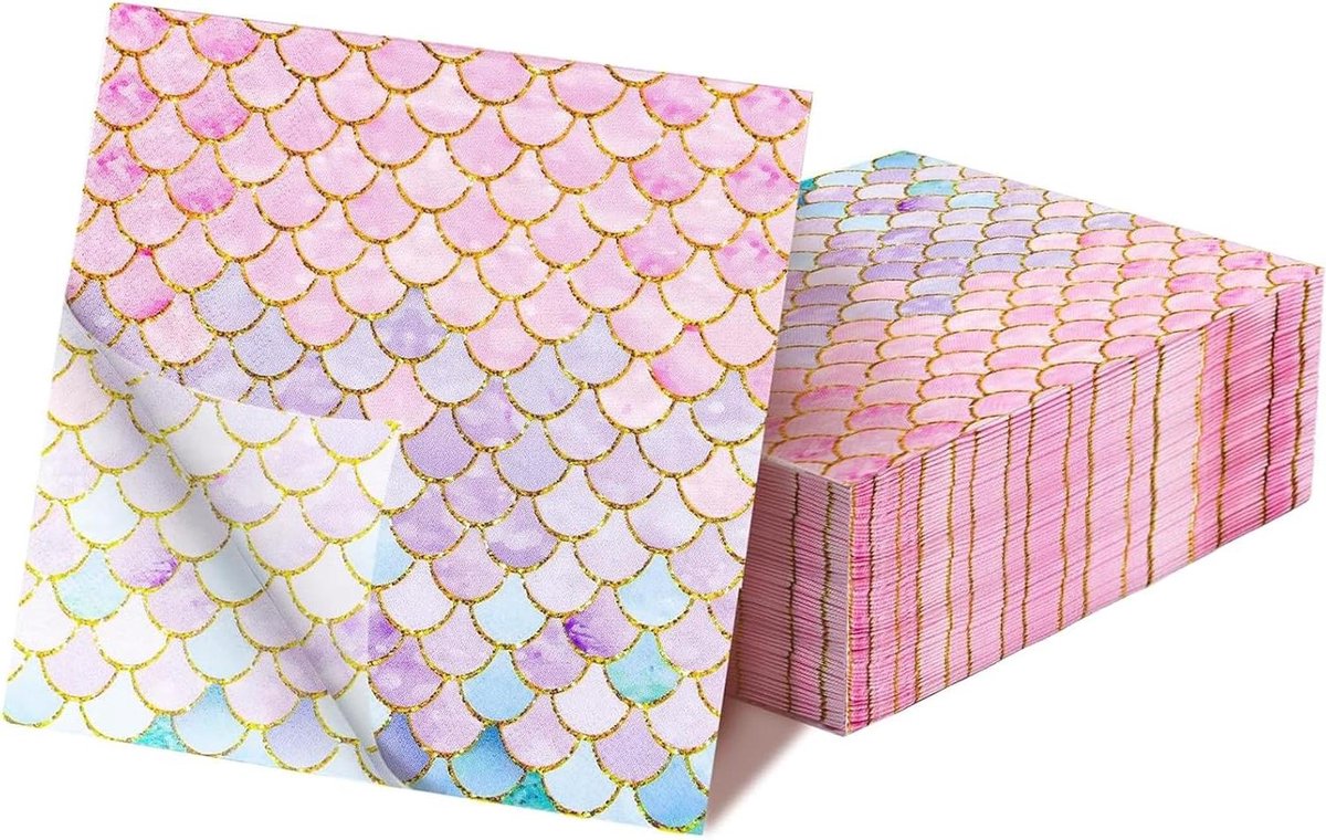 Servetten met zeemeermin thema, glinsterend patroon, roze en turquoise, 20 stuks.