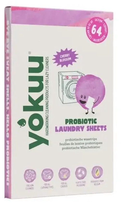 YOKUU Probiotische Wasstrips - 64 Wasbeurten - Kersenbloesem Geur - Ecologisch Wasmiddel - Reis Wasmiddel - Ultra Geconcentreerd en Voorgedoseerd - Ecologisch Wasproduct