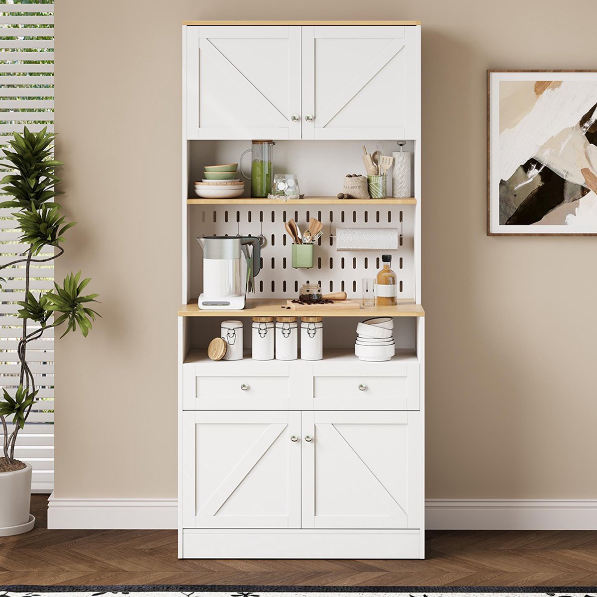 KOMHTOM BLACKCOLORS Elegant wit dressoir voor de eetkamer met 2 lades en 4 deuren – Verfijnd dressoir voor keuken, eetkamer en woonkamer met zilveren handgrepen en royale opbergruimte