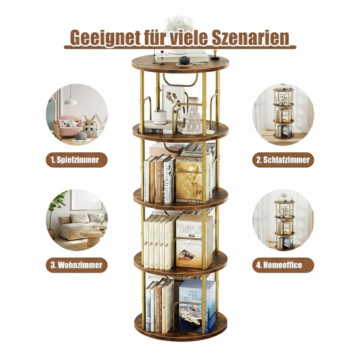 Boekenkast Draaibaar 360° Casa Velluto Rotaro – Staande Houten Boekenkast met 4 Verstelbare Niveaus – Vintage Bruin – Vrijstaand Opbergrek voor Woonkamer, Slaapkamer of Kantoor – 45x45x129 cm