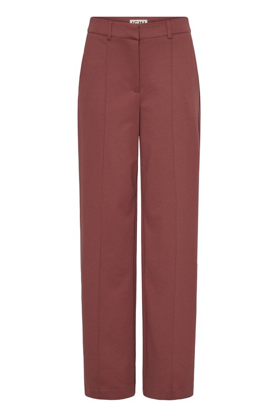 Koraalkleurige broek met wijde pijpen, hoge taille en verticale naden aan de voorkant.