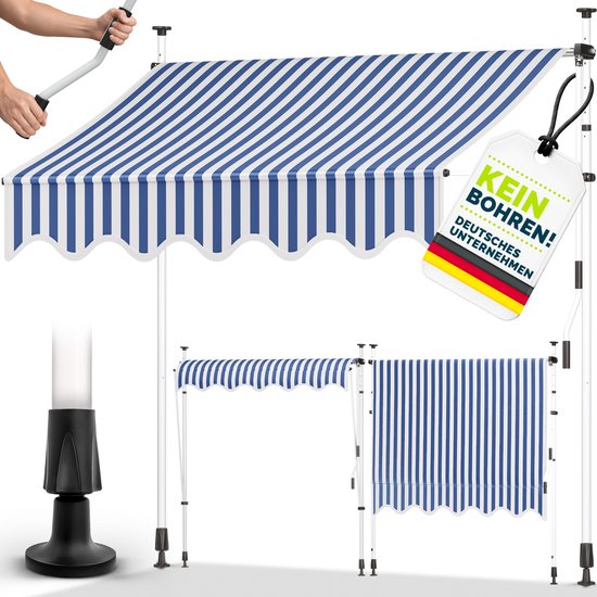 Blauw-witte gestreepte luifel gemonteerd op witte staanders. Toont een bevestiging zonder boren en een kleinere luifel.