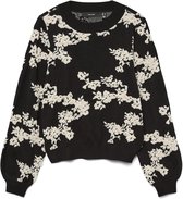 Zwarte gebreide trui met een all-over geborduurde off-white bloemenprint. Ronde hals en lange, pofmouwen.