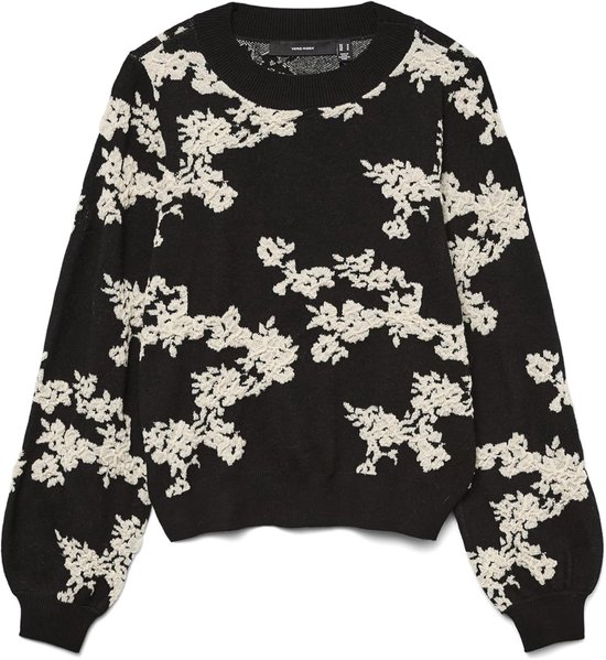 Zwarte gebreide trui met een all-over geborduurde off-white bloemenprint. Ronde hals en lange, pofmouwen.