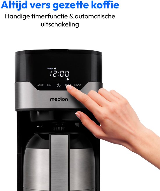 MEDION MD 18458 - Cafetière filtre programmable avec carafe isotherme - 900 Watt - 1,2 Litres - Argent